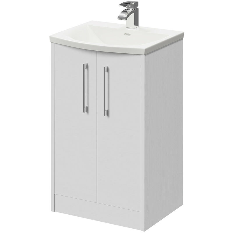 Wholesale Domestic Horizon White Ash 500mm Floor Standing Vanity Unit with 1 Tap Hole Curved Basin and 2 Doors with Polished Chrome Handles - White