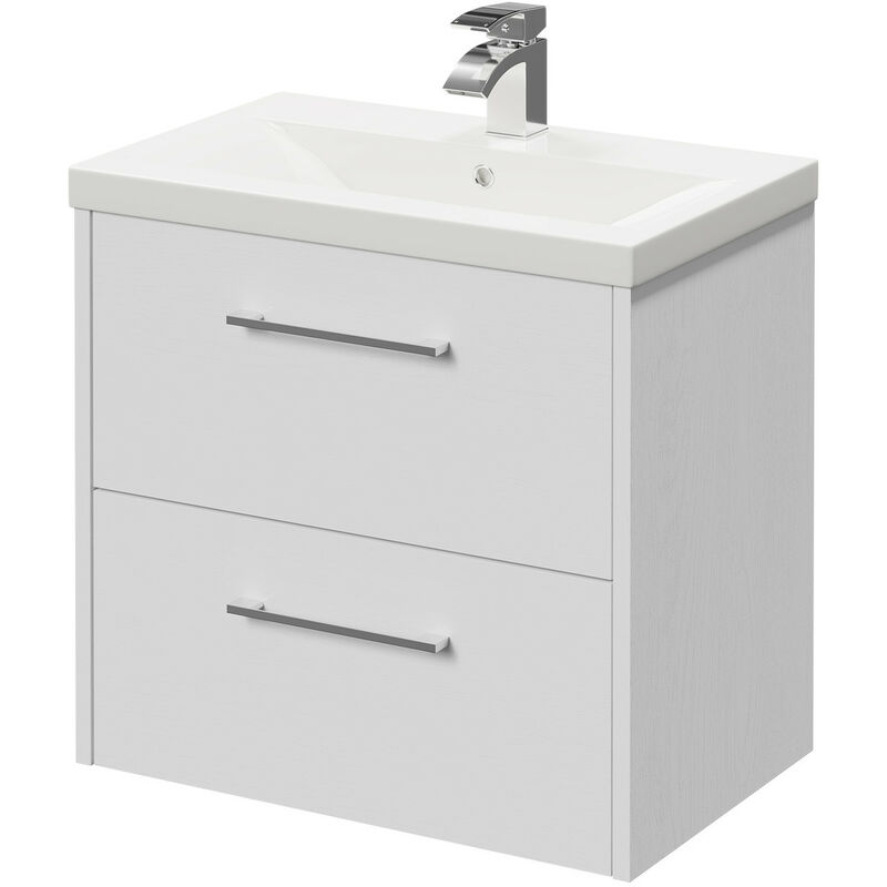 Wholesale Domestic Horizon White Ash 600mm Wall Mounted Vanity Unit with 1 Tap Hole Basin and 2 Drawers with Polished Chrome Handles - White Ash