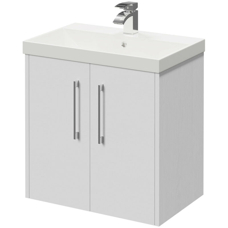 Wholesale Domestic Horizon White Ash 600mm Wall Mounted Vanity Unit with 1 Tap Hole Slim Edge Basin and 2 Doors with Polished Chrome Handles - White