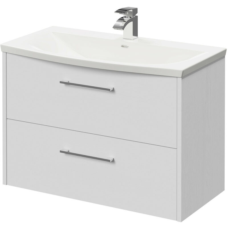 Wholesale Domestic Horizon White Ash 800mm Wall Mounted Vanity Unit with 1 Tap Hole Curved Basin and 2 Drawers with Polished Chrome Handles - White