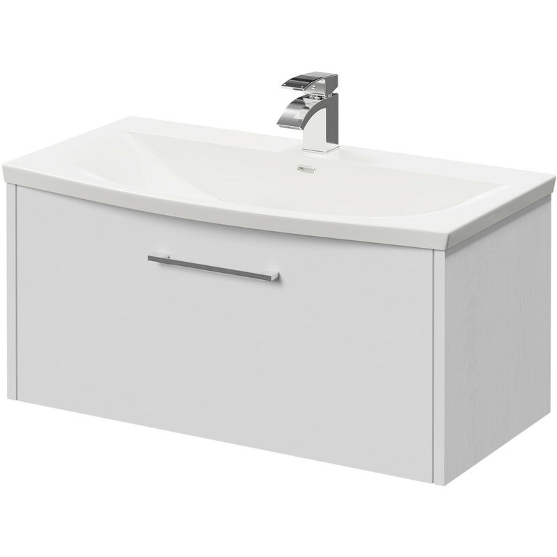 Wholesale Domestic Horizon White Ash 800mm Wall Mounted Vanity Unit with 1 Tap Hole Curved Basin and Single Drawer with Polished Chrome Handle
