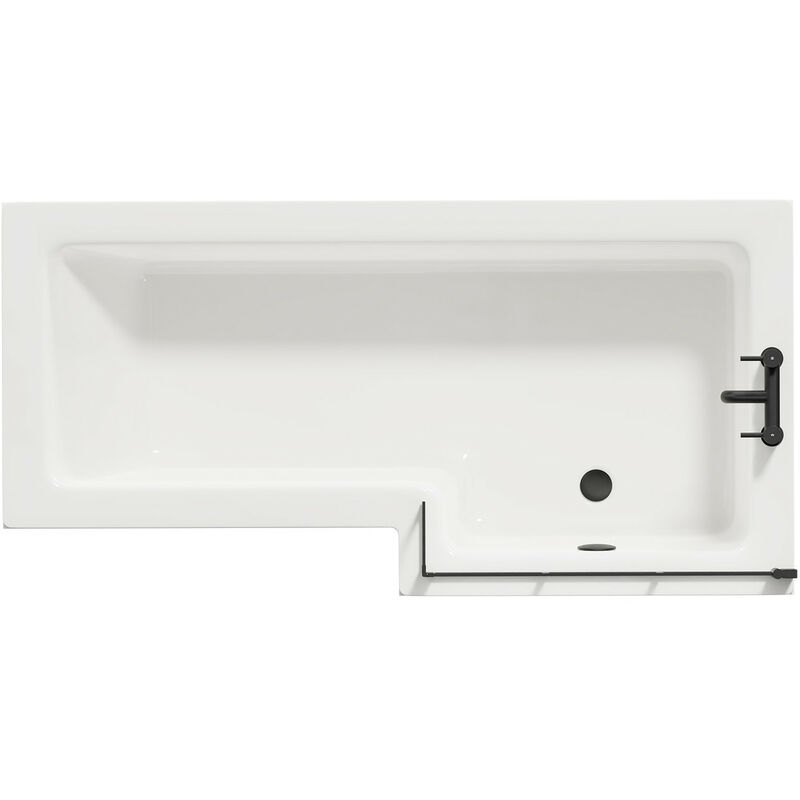 Wholesale Domestic Loire 1700mm Right Hand L Shaped Shower Bath with Matt Black Bath Screen and Bordalino Oak Front and End Bath Panel - White /