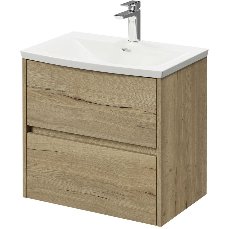 Wholesale Domestic Montego Autumn Oak 600mm Wall Mounted Vanity Unit with 1 Tap Hole Curved Basin and 2 Drawers - Autumn Oak