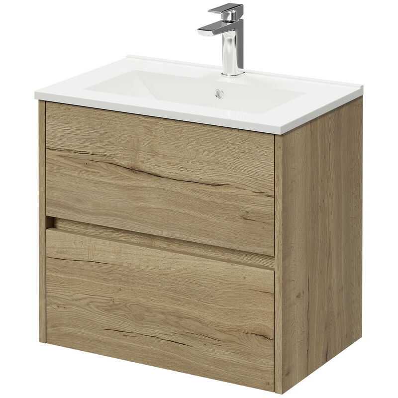Wholesale Domestic Montego Autumn Oak 600mm Wall Mounted Vanity Unit with 1 Tap Hole Minimalist Basin and 2 Drawers - Autumn Oak