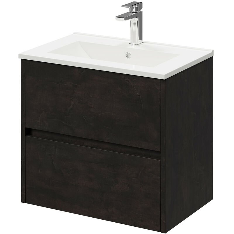Wholesale Domestic Montego Metallic Slate 600mm Wall Mounted Vanity Unit with 1 Tap Hole Minimalist Basin and 2 Drawers - Metallic Slate