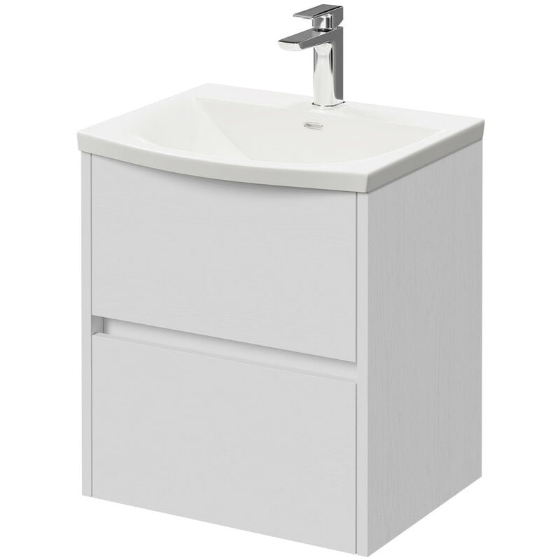 Wholesale Domestic Montego White Ash 500mm Wall Mounted Vanity Unit with 1 Tap Hole Curved Basin and 2 Drawers - White Ash