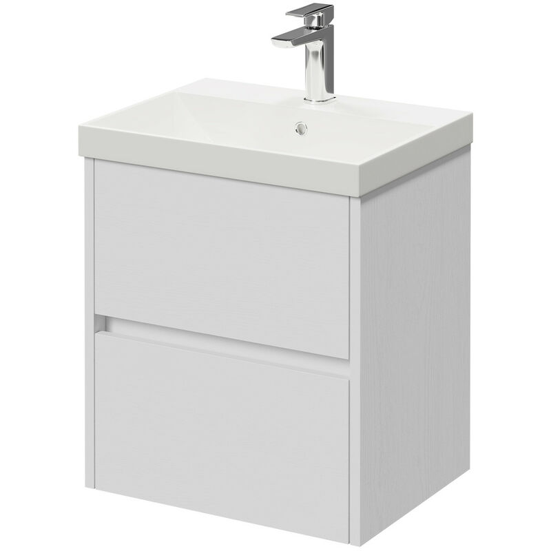Wholesale Domestic Montego White Ash 500mm Wall Mounted Vanity Unit with 1 Tap Hole Slim Edge Basin and 2 Drawers - White Ash