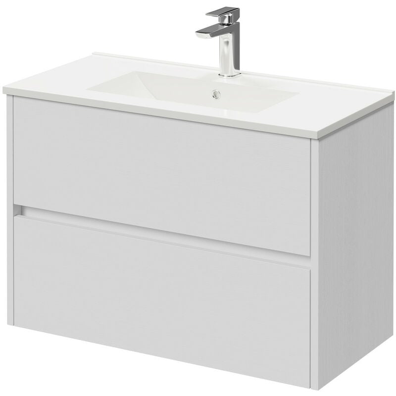 Wholesale Domestic Montego White Ash 800mm Wall Mounted Vanity Unit with 1 Tap Hole Minimalist Basin and 2 Drawers - White Ash