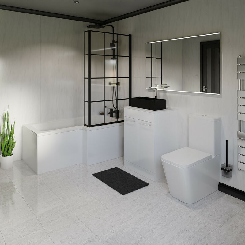 Newington 1500mm Right Hand l Shaped Bathroom Suite including Matt Black Countertop Basin and Gloss White Vanity Unit with Polished Chrome Handles
