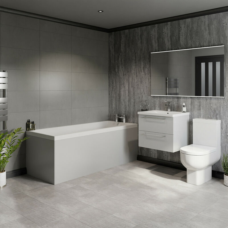 Quinn 1800mm Straight Single Ended Bathroom Suite including Gloss Grey Pearl Vanity Unit with Polished Chrome Handles - Grey - Wholesale Domestic