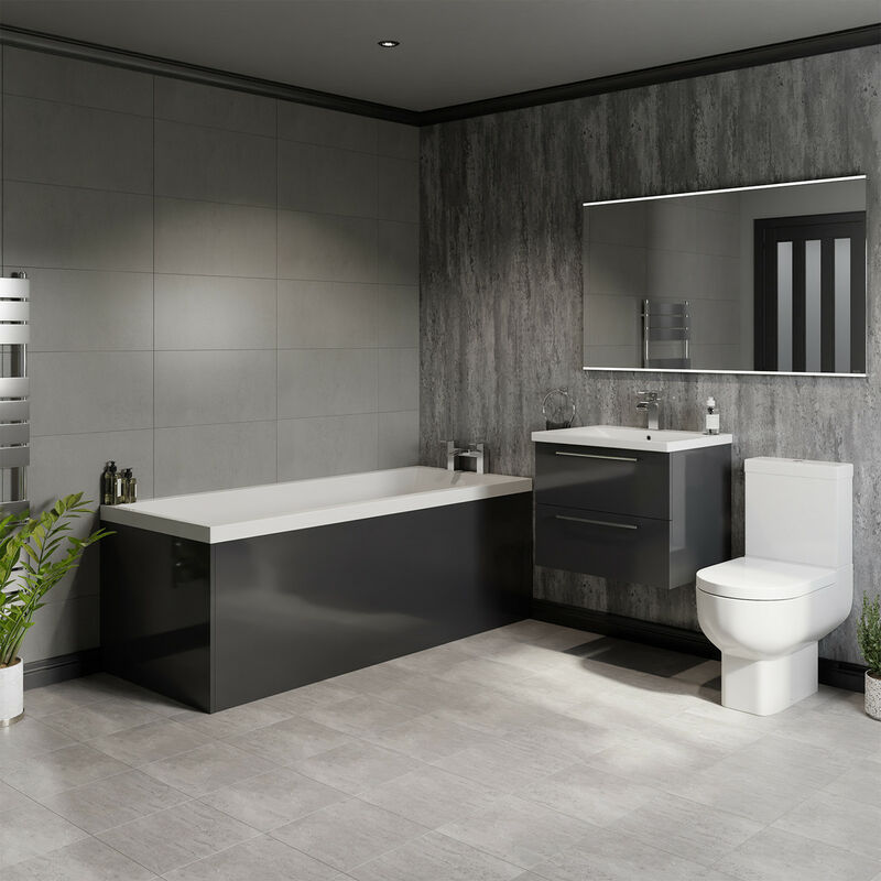 Wholesale Domestic Quinn 1800mm Straight Single Ended Bathroom Suite including Gloss Grey Vanity Unit with Polished Chrome Handles - Grey