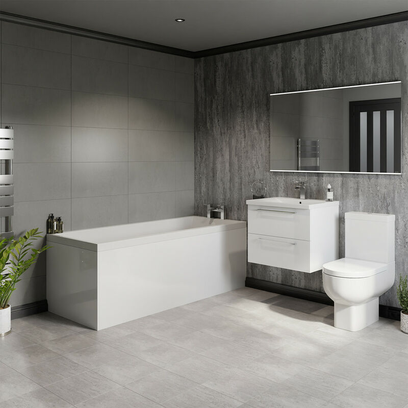 Wholesale Domestic Quinn 1800mm Straight Single Ended Bathroom Suite including Gloss White Vanity Unit with Polished Chrome Handles - White