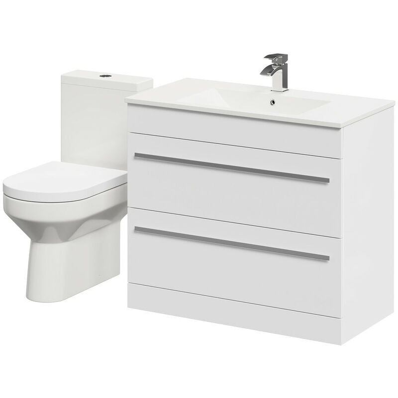 Wholesale Domestic Solitaire Gloss White 900mm 2 Drawer Vanity Unit and Open Back Toilet Suite - Silver