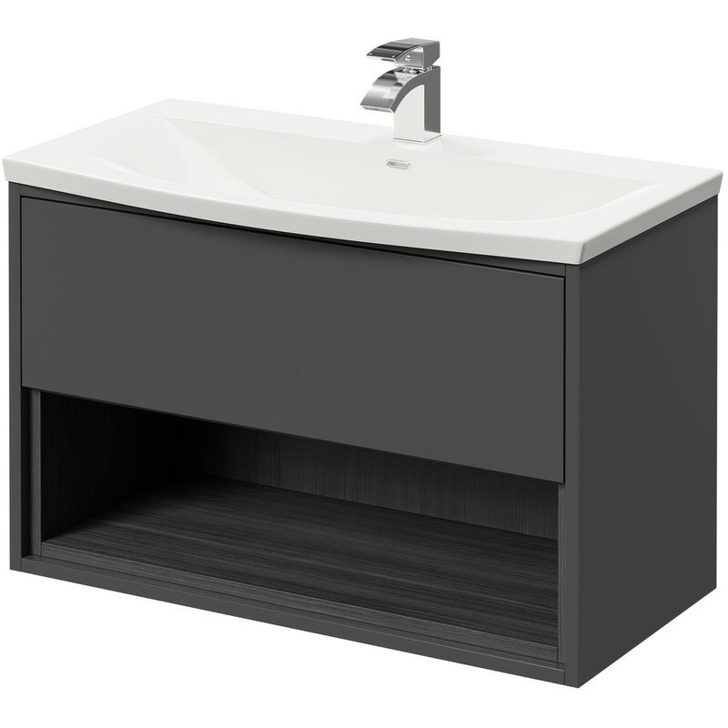 Wholesale Domestic Tidal Gloss Grey 800mm Wall Mounted Vanity Unit with 1 Tap Hole Curved Basin featuring Single Drawer and Anthracite Woodgrain Open