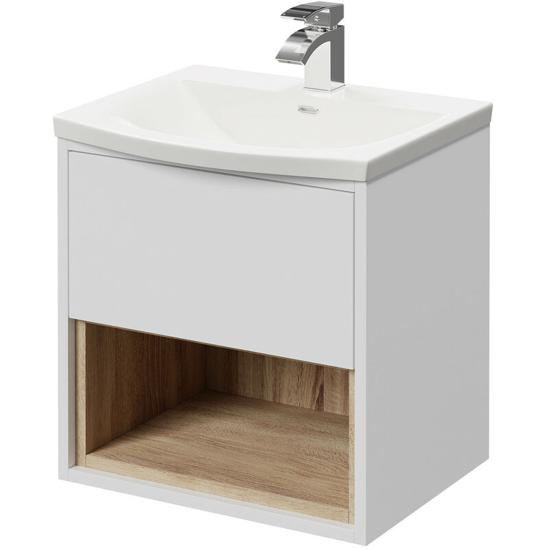 Tidal Gloss White 500mm Wall Mounted Vanity Unit with 1 Tap Hole Curved Basin featuring Single Drawer and Natural Oak Open Shelf - Gloss