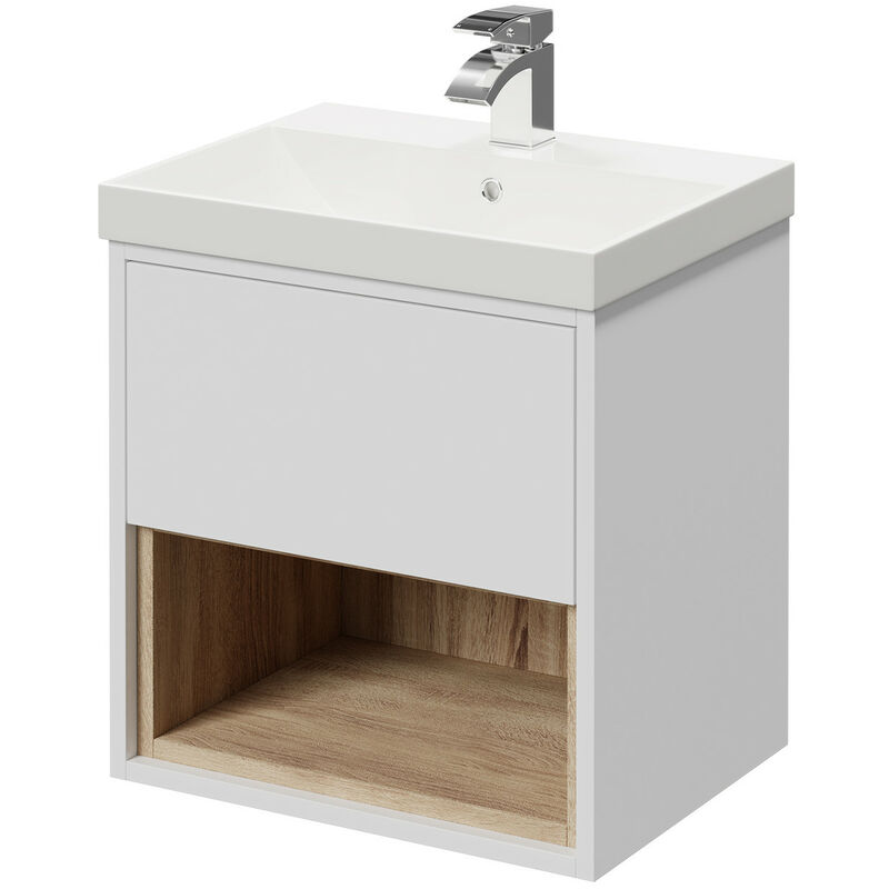 Tidal Gloss White 500mm Wall Mounted Vanity Unit with 1 Tap Hole Slim Edge Basin featuring Single Drawer and Natural Oak Open Shelf - Gloss White