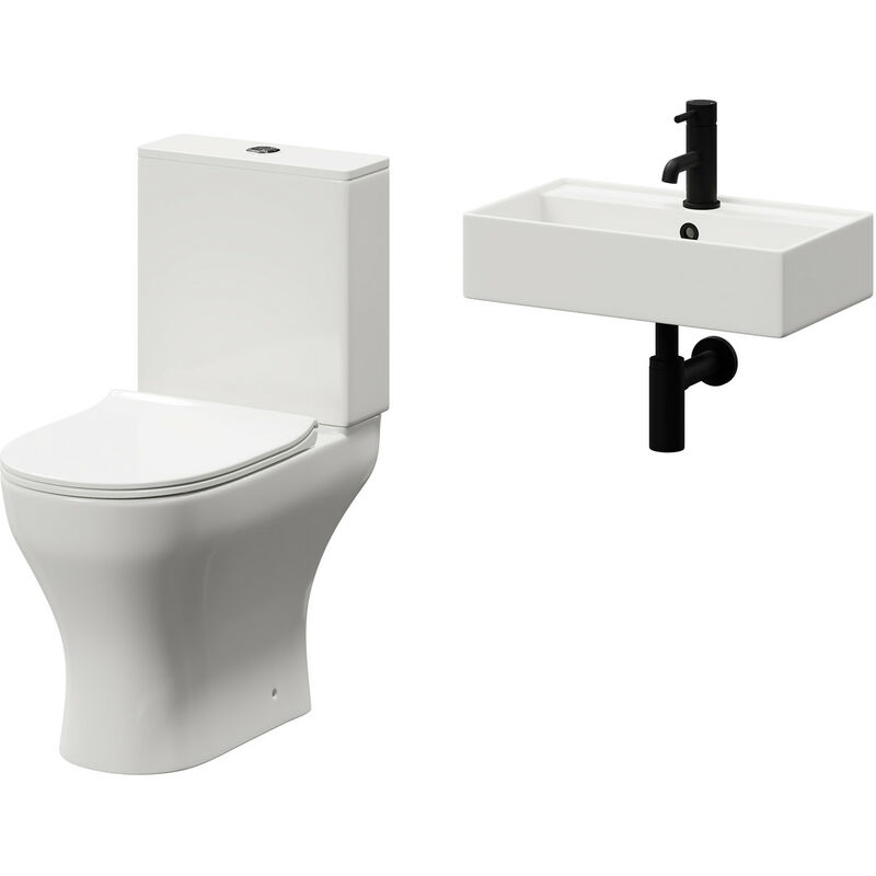 Wholesale Domestic Tomar 505mm Wall Hung Basin and Toilet Suite including Round Matt Black Bottle Trap and Open Back Toilet - White