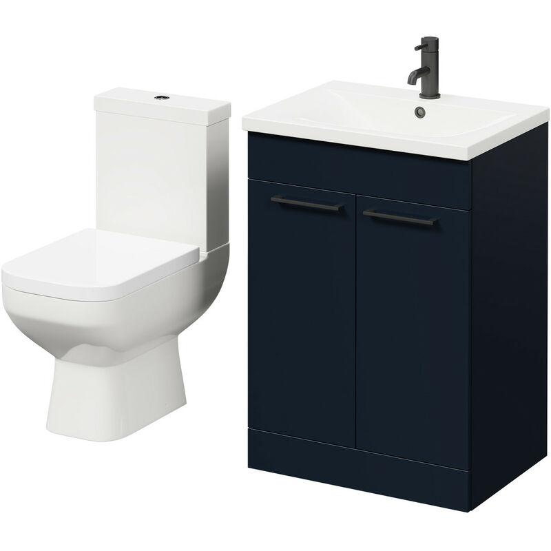 Wholesale Domestic Turin Deep Blue 600mm Floor Standing Vanity Unit and Toilet Suite with 1 Tap Hole Basin and 2 Doors with Matt Black Handles - Deep