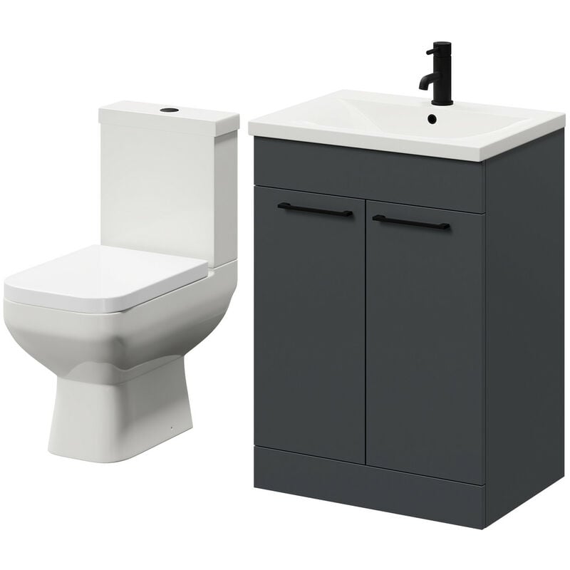 Wholesale Domestic Turin Gloss Grey 600mm Floor Standing Vanity Unit and Toilet Suite with 1 Tap Hole Basin and 2 Doors with Matt Black Handles
