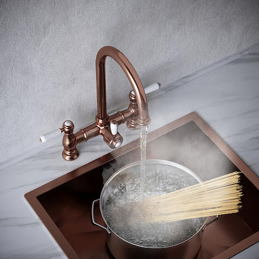 Wodar Heritage Bridge 3-in-1 Boiling Water Tap with Tank - Brushed Copper (White Handle)