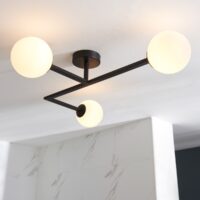 Freya Bathroom 3 Light Semi Flush Ceiling Light In Matt Black With Opal Glass Shades IP44