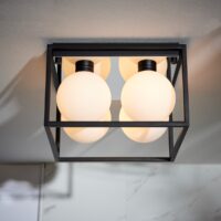 Globule Bathroom 4 Light Flush Ceiling Light In Matt Black With Opal Glass Shades IP44