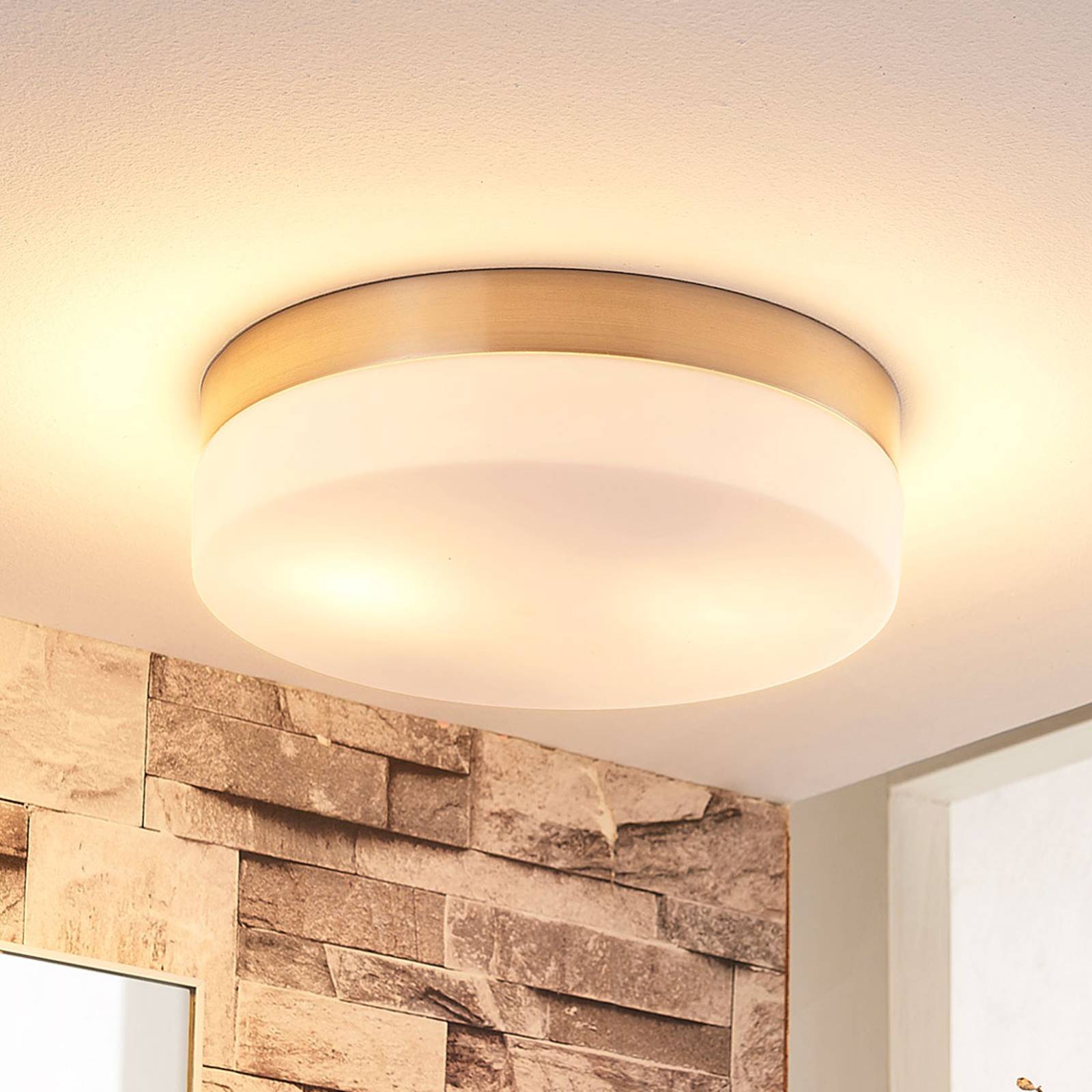 Lindby bathroom ceiling lamp Amilia, Ø 23.5 cm, E27, nickel, glass