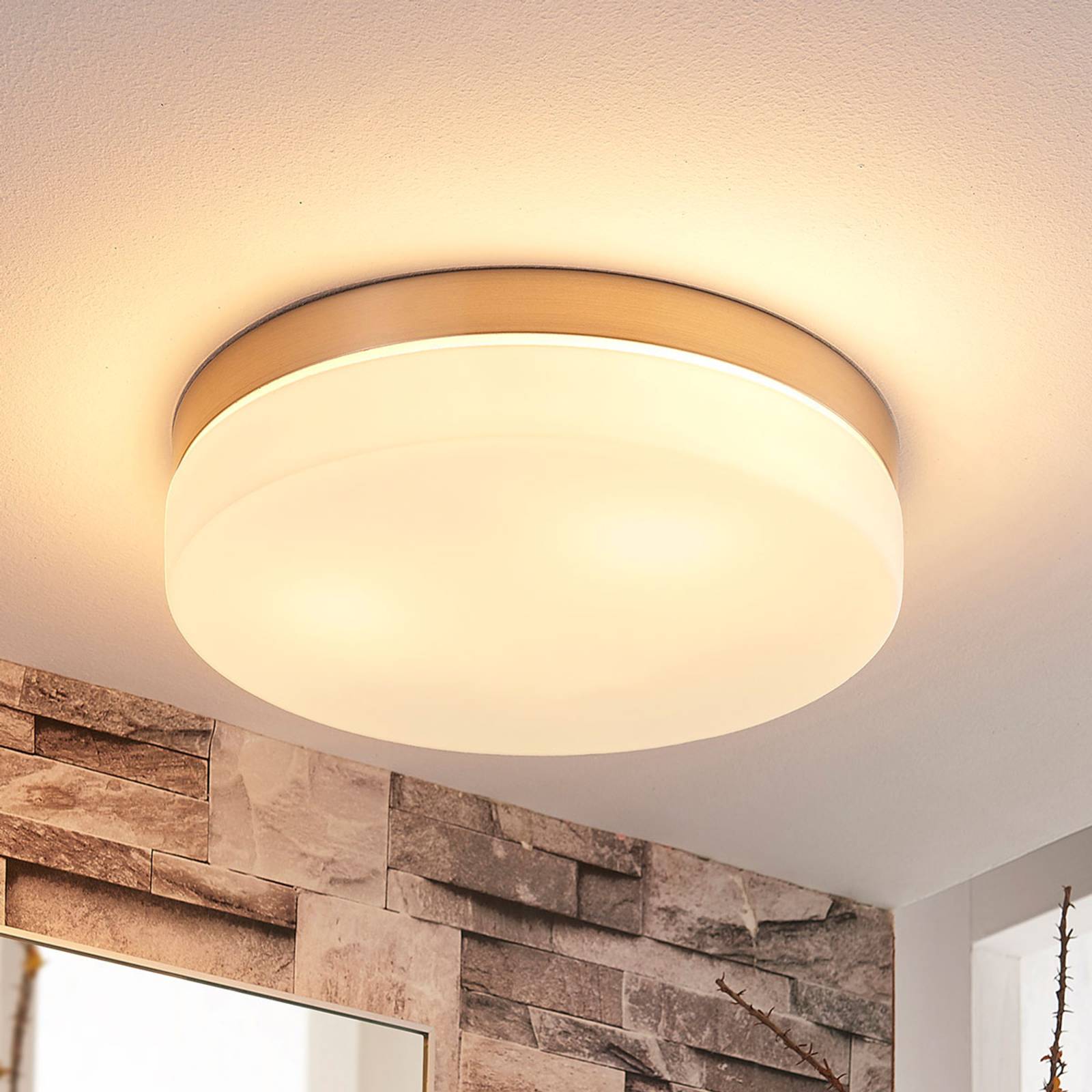 Lindby bathroom ceiling lamp Amilia, Ø 30 cm, E27, nickel, glass