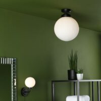 Dar Lighting Alrik Bathroom Flush Ceiling Light In Black With Ribbed Opal Glass Shade IP44