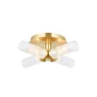 Talo Bathroom Multi Arm Glass Semi Flush Ceiling Lamp, Satin Brass Plate, Ribbed Glass, IP44