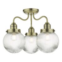 Dar Lighting Tamara 3 Light Bathroom Semi Flush Ceiling Light In Antique Brass With Ribbed Glass IP44 TAM5375-IP44